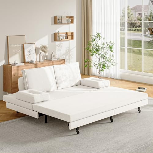 BestAlice Schlafsofa 90/180x200cm mit Rückenlehne und klappbarer Matratze, Klappbett mit gepolsterter, Sofa Ausziehbett, Einzelbett Tagesbett Ausziehbar zum Doppelbett, Sofa mit Kissen,Leinen, Weiß