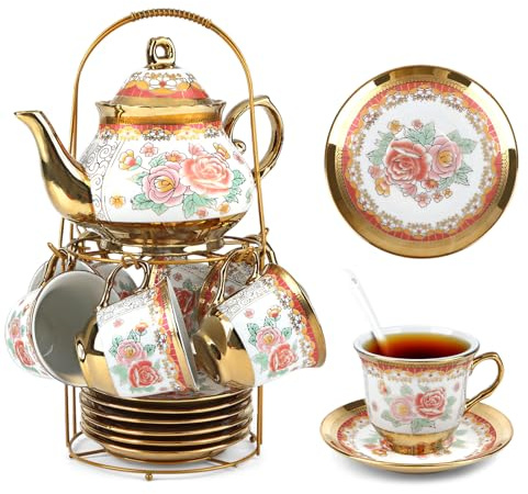20Tlg Teeservice Porzellan Kaffeeservice, Teeset mit Metallhalter, 700ml Teekanne Keramik Teeset, Blumenmuster Goldenem Rand, 6x160ml Tassen und Untertassen für Frauen Teeparty, Weiß