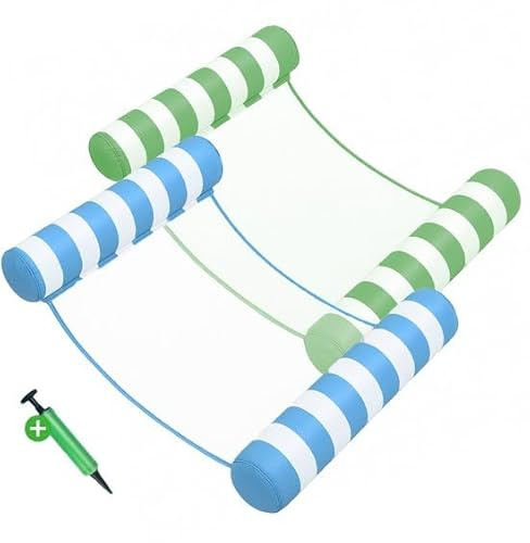 TravelHawk Wasserhängematte Set - 2 Stück - Aufblasbare Wasserhängematten mit 2 Seitenstützen und Pumpe, 2-in-1 Schwimmliege für Erwachsene und Kinder, ideal für Strand, Pool und See - Grün/Blau