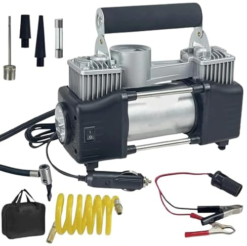 150 PSI Double Cylinder Air Compressor Pump 12V, Portable Heavy Duty Tire Inflator, 75 L/min Fast Inflation, 4x4 Off-Road Ready with Battery Clamps