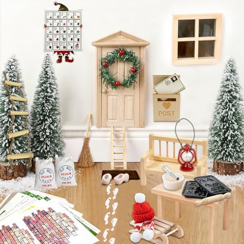 Ligtmor Wichteltür Set, wichtel Set Weihnachten komplett wichtel zubehör mit Wichtelbriefe Baustelle Miniatur Briefkästen, Kranz Schablone Fußabdrücke Backset DIY-Dekoration für Weihnachten