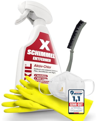 VEXIL Schimmelentferner Set – Schimmelspray mit AKTIV-CHLOR – inkl. Handschuhe, FFP3 Maske & Fugenbürste – Extra stark gegen Schimmel, Stockflecken & Pilze – 500 ml – Made in Germany