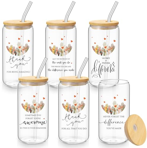 LemonRoad 6 Pcs Volunteer Appreciation Month Gifts 16oz Drinking Glasses with Lids and Straw Thank You Cups Gifts for Volunteer Employees Staff Coworkers Office