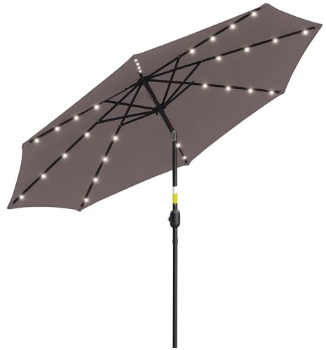 Outsunny Ombrellone da Giardino Inclinabile Ø265 cm con 32 Luci LED Solari e Manovella, Ombrellone da Esterno a 8 Stecche, in Acciaio, Poliestere, per Patio Cortile Balcone Terrazza, Grigio