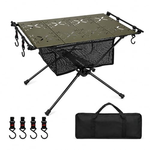 GOOGO Mesa de Camping Plegable, 59 x 40 x 38 cm, Tablero de Aluminio con Red Inferior, Mesa Auxiliar Ultraligera para Picnic, Pesca y Cocina Exterior (Verde)