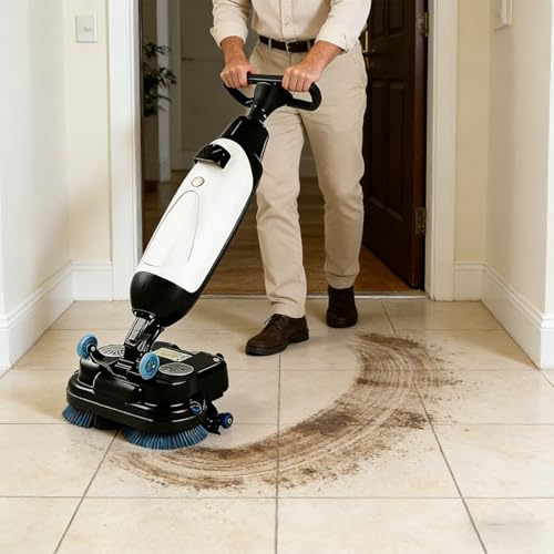 Lakenbroade Compact Walk Behind Commercial Floor Scrubber Dryer,Dual Brushes with Dual Pads & Drivers,Small Floor Scrubber,Cordless Rechargeable Lithium Battery,360°Steering for Workshops White