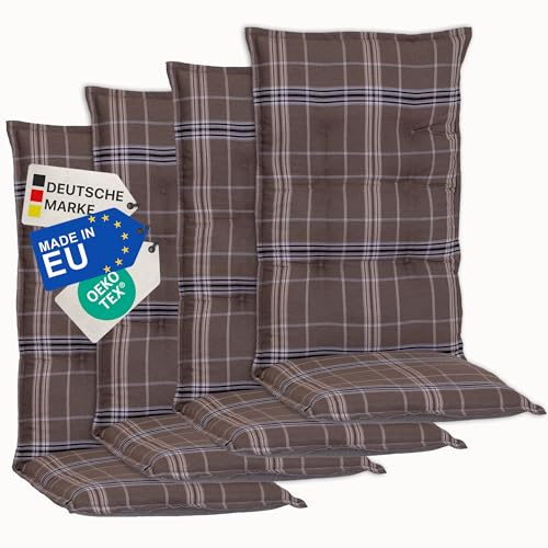 NYVI Gartenstuhl Auflagen Hochlehner 4er Set Barcelona - UV-Beständig, Atmungsaktiv, Strapazierfähig - Hochlehnerauflagen Sitzkissen Outdoor - Sitzauflagen für Gartenstühle 118x50cm Karo Braun