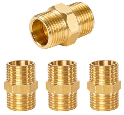 4 Stück Doppelnippel 3/8 Messing AG Ø16,2 mm Sechskant | Messing korrosionsbeständig druckfest dicht Sechskant einfach montierbar AG‑Verbinder für Heizung Trinkwasser Sanitär