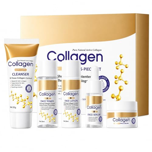 Collagen Skincare Set for Women, 5 PCS Skin Care Kit with Facial Cleanser, Toner, Serum, Lotion & Face Cream, Deeply Hydrating & Firming Routine for Fine Lines & Wrinkles, Beauty Gift Set