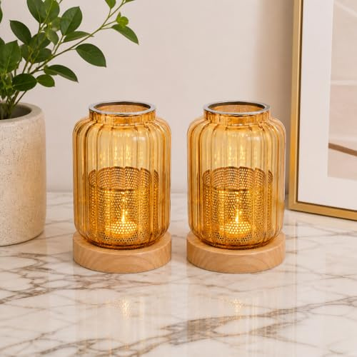 Juego de 2 Portavelas Cristal Ámbar con Base de Madera Ventilada, Centros Porta Velas Decorativos de Mesa Desmontables con Accesorios de Metal, Cúpula Cristal Antitérmica para Salón y Exterior