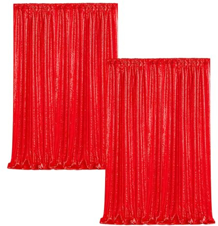 Lot de 2 rideaux à paillettes - 60 x 240 cm - Fond pailleté pour mariage, anniversaire, fond photo - 120 x 240 cm - Avec passe-tringle - Lametta PET (rouge)