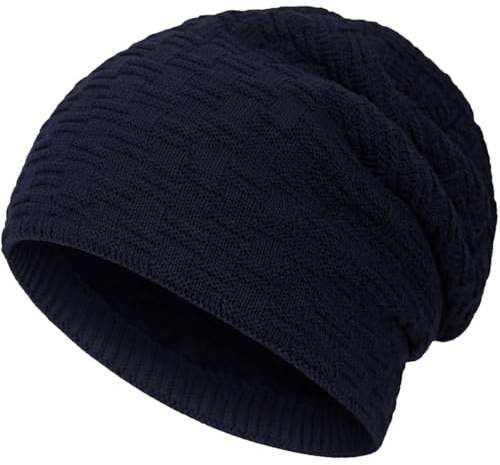 Compagno Caldo Berretto Foderato Berretto Invernale Beanie Modello intessuto con soffice Fodera Interna in Pile, Colore:Blu Marino