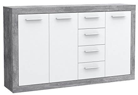 FORTE Baccio Kommode mit 3 Türen und 4 Schubladen, Holzwerkstoff, Betonoptik Lichtgrau / Weiß, 152.60 x 34 x 91.50 cm
