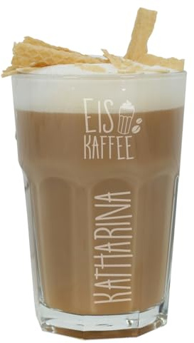 Herz & Heim® Eiskaffee Trinkglas mit Gravur Ihres Wunschnamens