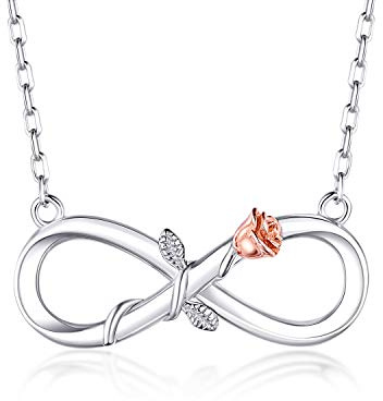 BlingGem Damen Kette Infinity aus Weißgold vergoldet 925 Sterling Silber Rose Unendlichkeit Halsketten Frauen Blume Anhänger Silberkette Einstellbar Geschenk