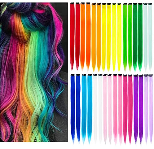 KGBFASS 32Packs Colored Hair Extensions 20Inch Straight Color Clip in on Hair Extension Rainbow Party Highlights Synthetic Hairpiece(16 colors)
