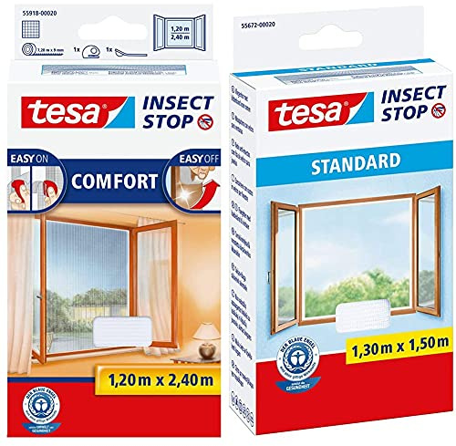tesa Insect Stop COMFORT Fliegengitter für bodentiefe Fenster- weiß (leichter sichtschutz), 120 cm x 240 cm & Insect Stop STANDARD Fliegengitter für Fenster, 1 x Fliegen Netz weiß - 130 cm x 150 cm