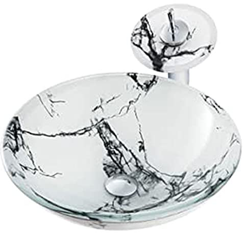 XYEJL Modern and Simple Tempered Glass Wash Basin, Bathroom Tempered Glass Vanity Round Bowl, Artistic Vessel Sink, with Waterfall and Pop Up Drain Combo,A