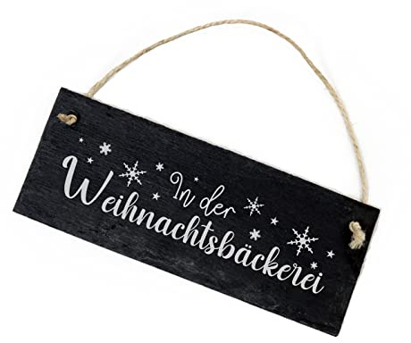 Schiefertafel In der Weihnachtsbäckerei - Schild Schneeflocken Motiv 22x8 cm