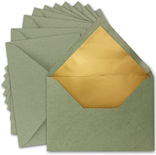 DIN C5-kuvert 15,6 x 22 cm tillverkat av kraftpapper i grönt med gyllene sidenfoder – Våtlimning – Blanka brevkuvert från återvunnet papper – UmWelt-serien – 25 st