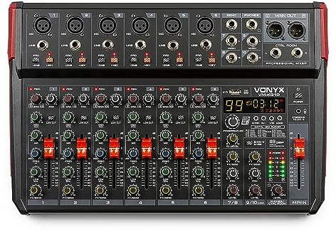 Vonyx VM-KG10 Console de Mixage 10 Canaux - Avec Bluetooth, Lecteur MP3, Interface Audio USB, Processeur de Son, Alimentation Fantôme, Écran LED, Idéal pour les Bars, Petite Salles de Concerts
