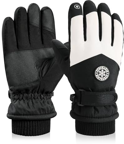 DOFOWORK Ski Gloves for Men & Women - Winter Warm, Waterproof, Touchscreen Snow Gloves, Black & White
