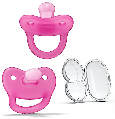 Smilo Newborn Baby Pacifier with Sterilization Box - 2 Pack of Orthodontic Pacifiers for Babies from 0-2 Months - Expands to Support The Palate During Soothing - BPA-Free - Pink