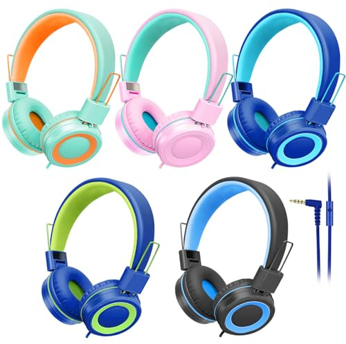 CN-Outlet 5 Pack Kids Headphones Bulk for School Classroom Students Teens Toddler, Wired Adjustable Headsets for Libraries Families Childern and Adults (Mixed Colors with MIC)