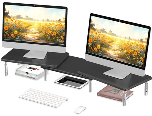 suptek Dual Monitor Stand Riser, 3 Height Adjustable Desktop Monitor Bracket with Slot, Metal Mesh Platform for Laptop, PC, Printer and All Flat Screen up to 20kg, Computer Stand Riser MST023
