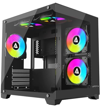 Apevia Prism-BK Prism Micro-ATX Gaming PC Cube Case w/ 5X 120mm ARGB Fans, 366 RGB Modes, Dual Tempered Glass Panels, 240mm Radiator Support, 1X USB3.0, 2X USB 2.0, HD Audio Port, Black