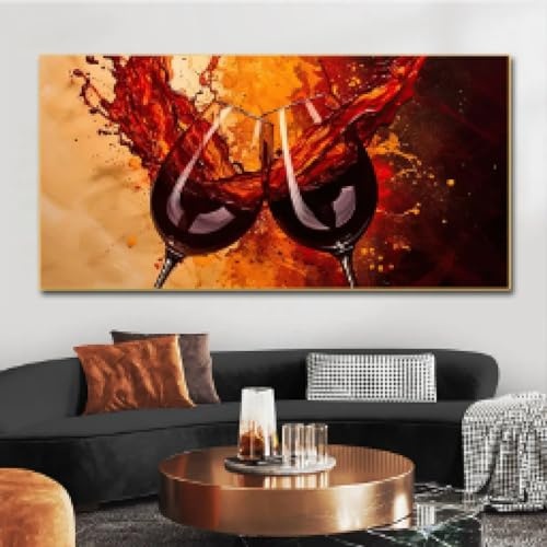 Quadro su tela astratto con bicchieri di vino rosso, pittura decorativa, stampe su tela per soggiorno, quadri moderni da parete, 40x80 cm (16x31 pollici) senza cornice
