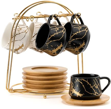 LUKA Lot de 6 petites tasses à expresso en céramique avec soucoupes et support en métal - 118 ml - Jolies tasses à café cappuccino pour double expresso, thé, marbre blanc et noir