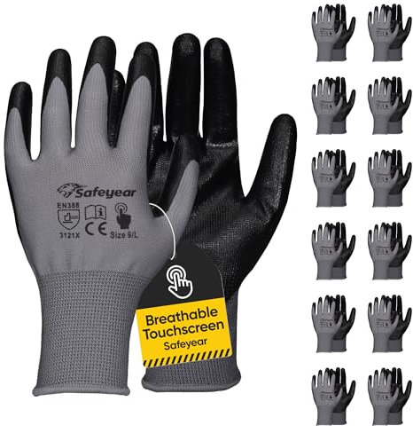 SAFEYEAT12 paia di guanti da lavoro rivestiti in nichel nero palma con touch screen per costruttori, guanti leggeri di sicurezza per lavoro uomini e donne magazzino, giardino, pulizia, consegna,L