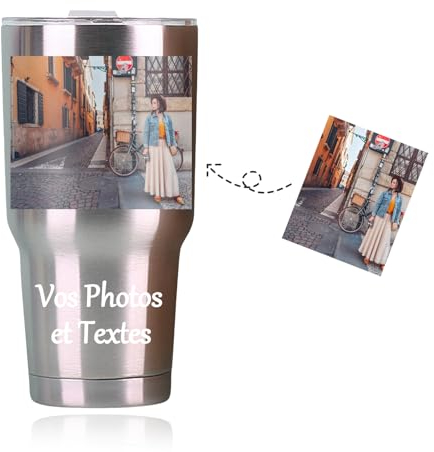 Seguire Tasse de voyage personnalisée avec des images et du texte tasse à café personnalisée avec photo 30 OZ tasse à café tasse de voyage fête des pères mère Thanksgiving cadeau (Couleur argent)