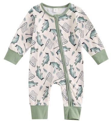 Gaono Newborn Baby Boy Girl Fishing Outfit Long Sleeve Zipper Fish Print Romper Jumpsuit Infant Coming Home Clothes (Green, 3-6 Months)