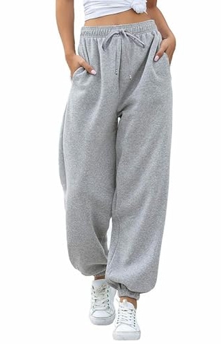 Pantaloni della Tuta da Donna Con Fondo Cinch - Tinta Unita a Vita Alta, Baggy Joggers, Lounge Sportivi, Grigio, S