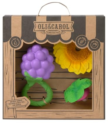 Oli & Carol Baby Geschenkset: Beißring 'Sun the Sunflower', Rassel & Mini-Beißring 'Ramona the Radish' - Holz, Multicolored (Sunflower Yellow, Radish Red, Purple)