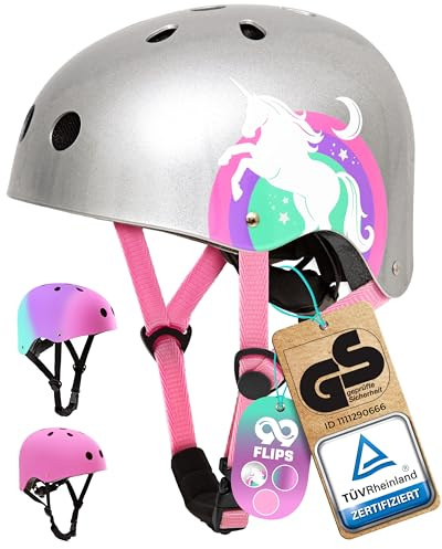 99FLIPS Barnhjälm Cykelhjälm, Robust Barnhjälm - Skateboardhjälm, Justerbar Certifierad Barnsäkerhetshjälm - Skateboard, Skoter, Inline-skridskoåkning - Storlek S/M - GLITTER