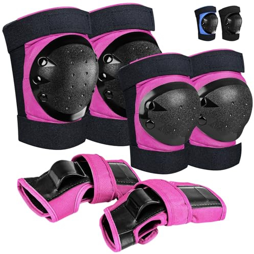 iMoebel Lot de protections 6 en 1 pour rollers - Équipement de protection pour enfants - Genouillères, coudières, protège-poignets - Pour patinage, conduite, scooter, skateboard, rose - L