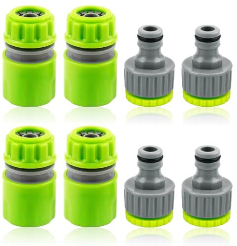 8 Pezzi Collegamento per Tubo da Giardino, Contiene 4 Adattatori per Tubo da Rubinetto 2 in 1 per Tubo da 1/2 e 3/4 Pollici, Attacco Rapido da 1/2 Pollice, Lavaggio e Giardinaggio, Verde