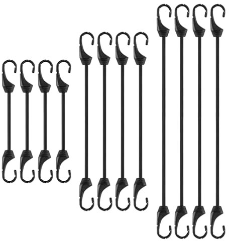 Lot de 12 Tendeurs Élastiques avec Crochets, Cordes de Fixation pour Auvent, Crochets en Métal Recouverts de Plastique, Fixation de Bagages, Tendeurs Robustes pour Vélos, Motos, Voitures, Tentes