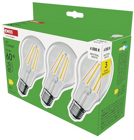 EMOS - LED Lampe Edison A60 3er Pack, 5,9W Ersatz für 60W Glühbirne - klare Vintage-Glühlampe mit E27 Sockel, Helligkeit 806 lm, Neutralweiß 4000 K - 25000 h Lebensdauer - 360° Abstrahlwinkel