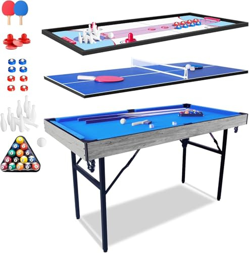 5 in 1 Multi Game Table, 54’ Folding Portable Sports Arcade Games with Accessories, Mini Ping Pong Table Foldable Game Table Air Hockey Pool Table Combo Pool Table, for Indoor, Outdoor, Over 3 Years