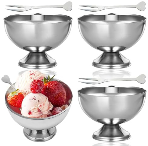 4 Pièces Coupe a Glace Acier Inoxydable avec Fourchettes, Pieds en Métal Sundae Bols de Dessert, Plateau de Glace en Argent pour Servir le Condiment de la Salade de Pudding Snack Yogourt (11 Cm)