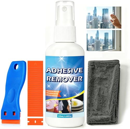 Sticky Stuff Remover Spray, Strong Adhesive Glue Residue Remover with Scraper And Towel, Surface-Safe And Easy To Remove Sticker, Label, Tape,Tar, Wax,On Car,Glass, Carpet,Metal(120ml)