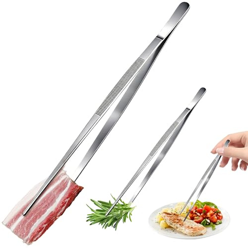 Kochpinzette Edelstahl 2 Set 8cm & 30cm, Praktische Pinzette Küche für Kochen Grillen und Anrichten, Einfache Koch Pinzette, Kochzange Edelstahl Küchen Zange für Küche BBQ und Restaurant