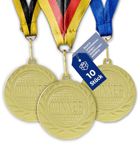 geschenke-fabrik.de Winner-Medaillen Kinder-Set, Gold, Metall | Bandfarbe & -breite nach Wahl, optional mit Wunschtext, für Kindergeburtstag, Turniere & Vereine