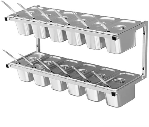 Pizza Topping Station - Wall-Mounted Stainless Steel with 2-Tier Grill Table Cart and 10 Grids for Efficient Kitchen Organization