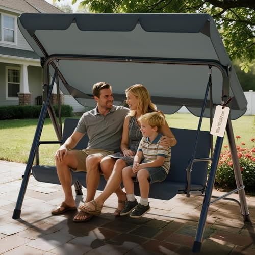 Verdego Hollywoodschaukel 3 Sitzer, Hollywoodschaukeln 193x110x152cm, Gartenschaukel mit Verstellbarem Dach, Anti Rutsch Füße, Einfache Montage, 200KG Belastbar, für Garten, Terrasse, Grau