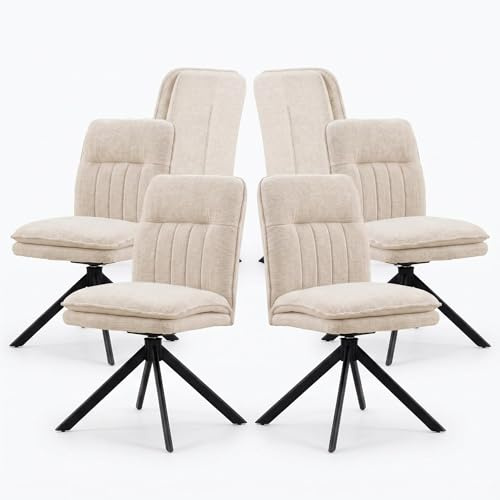 FurniSoar 6 Stühlen 360° Drehbar Esstisch mit Set Beige, Ohne Armlehnen, Doppelte Polsterung & Bogen-Rückenlehne, 6 Drehstühle aus Chenille mit höhenverstellbaren Füßen, Ideal für runde Tische